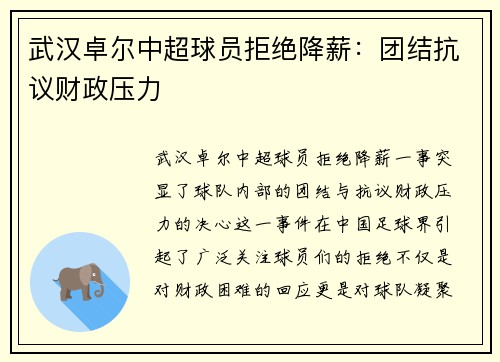 武汉卓尔中超球员拒绝降薪：团结抗议财政压力